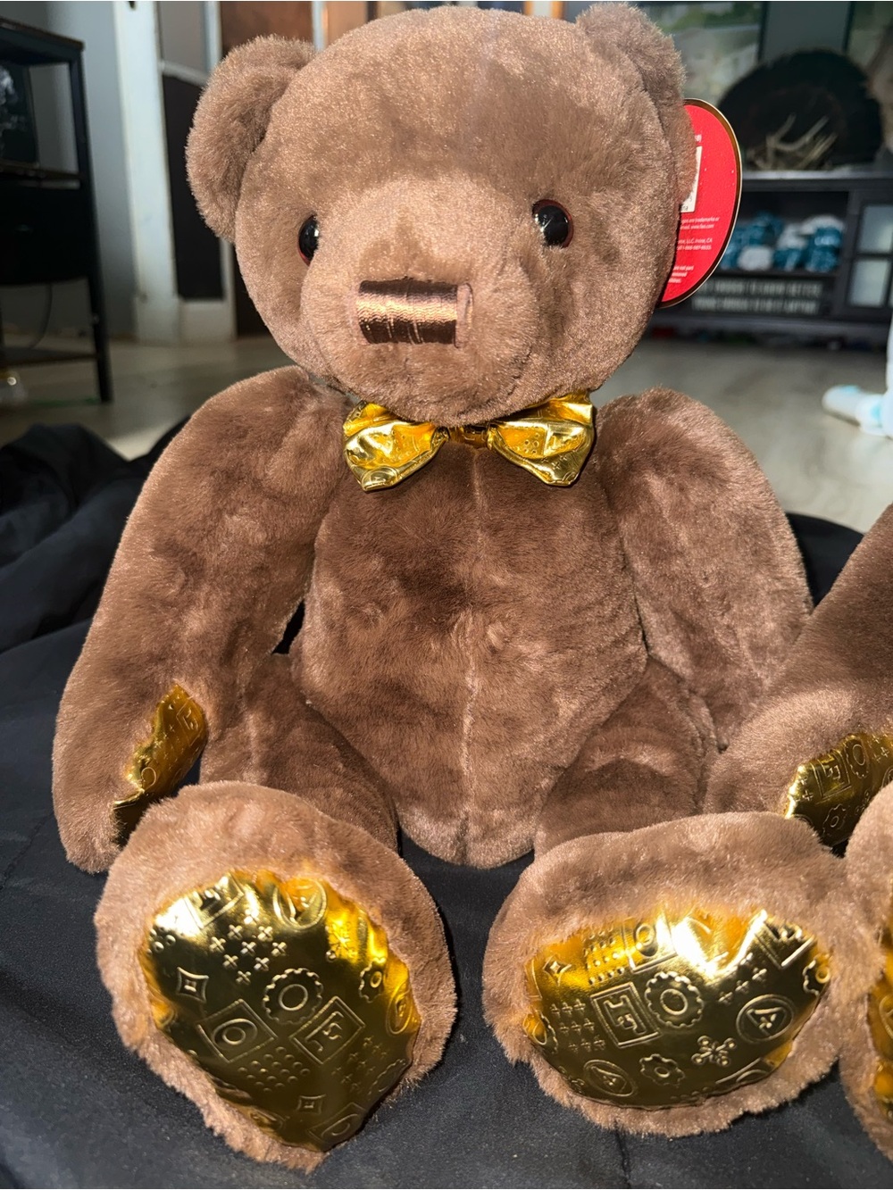 FAO Schwarz Brown Teddy Bear with Gold Bow and Gold Paw Accents